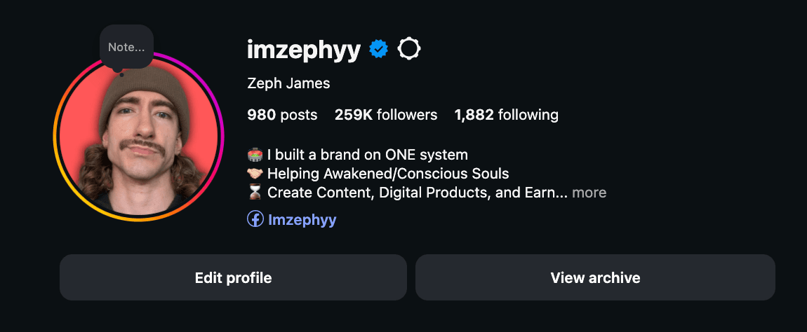 Instagram profile for @imzephyy, Zeph James, showing 259K followers
